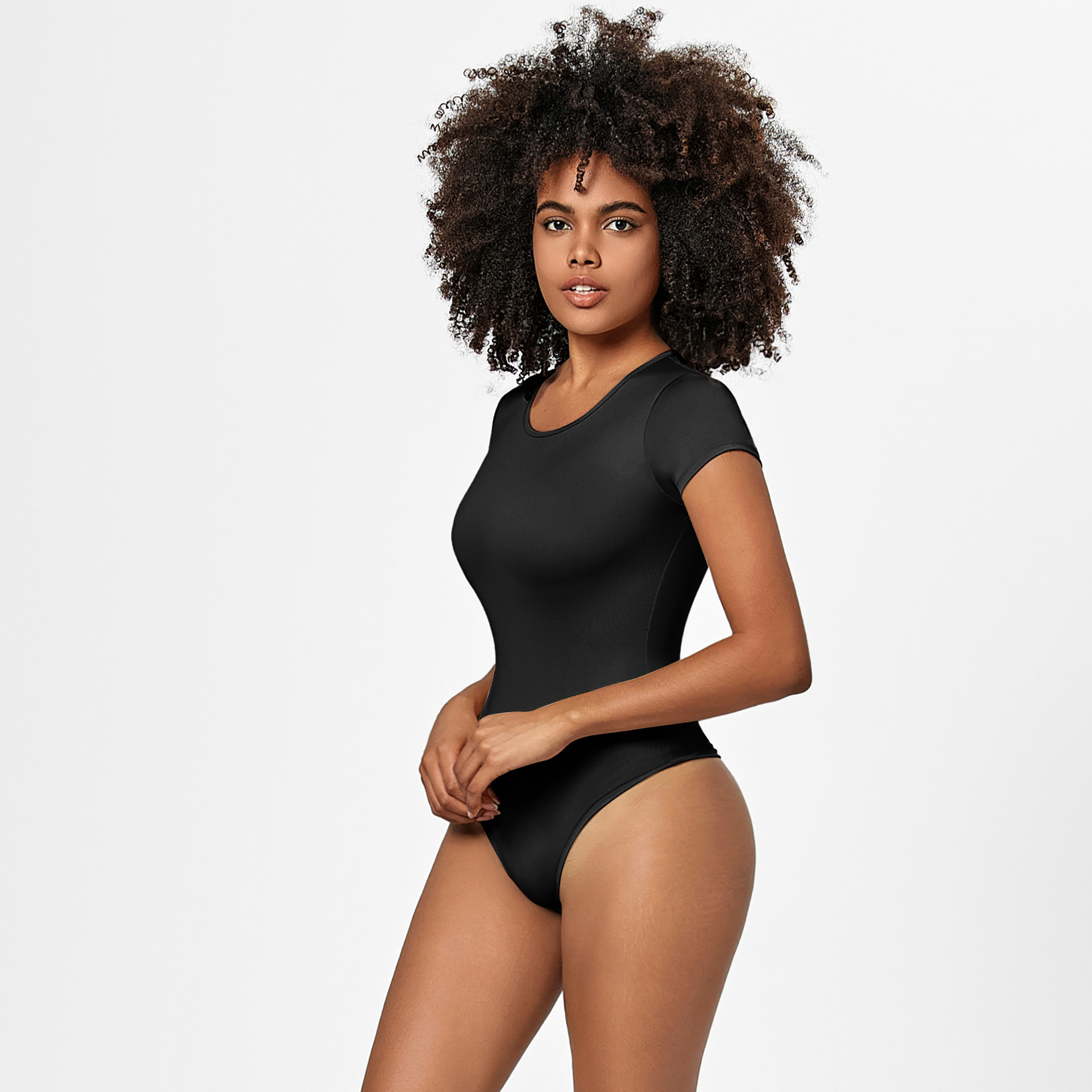 Womens Seamless Short Sleeve Bodysuit - Round Neck Thong Body Shaper